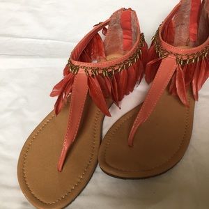 Coral feathered sandals